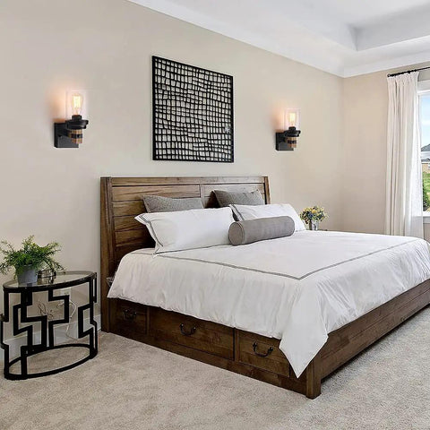 Bedroom with two one light rustic wall sconce for bathroom and hallway with metal wood grain vanity light and glass shade handmade farmhouse over mirror fixture dope vibe for bathroom bedroom hallway on either side of bed