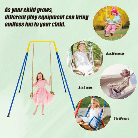 Heavy Duty Metal A Frame Swing Stand For Baby with children playing in different stages, yellow and blue frame