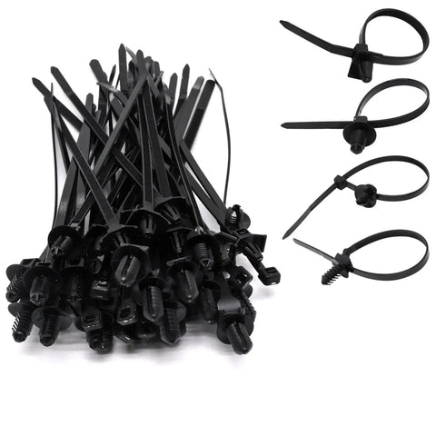 Heavy Duty 40 Pack Push Mount Zip Ties Snap in Nylon Cable Clips for Automotive Wire Harness Management, black clips with varying designs.