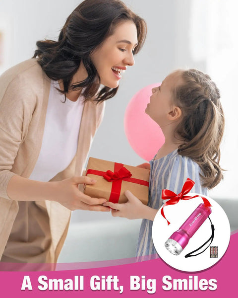 Pink Mini LED Flashlight With 3 Modes High Low Strobe Includes 3 AAA Batteries water resistant, gifted with a wrapped box.