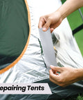 Person using Heavy Duty Duct Tape 1 Point 88 Inch Wide By 90 Feet Waterproof No Residue Hand Tear Bond That Sticks Like Crazy on tent