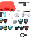 Heavy Duty 18 Piece Radiator Pressure Tester And Coolant Purge Refill Vacuum Kit For Auto Cooling Systems featuring adapters and pressure gauge.