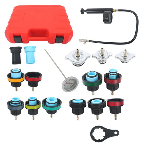 Heavy Duty 18 Piece Radiator Pressure Tester And Coolant Purge Refill Vacuum Kit For Auto Cooling Systems featuring adapters and pressure gauge.