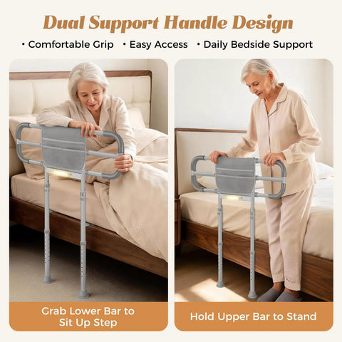 Heavy Duty Adjustable Bed Rail For Seniors With Motion Activated LED Light, 400 Lbs Support shown in use for safe support