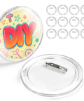 Top Shelf 3 Inch Clear Acrylic Button Pins Bulk 12 Pack DIY Custom Photo Badge Blanks With Snap Together Metal Safety Backings showing a DIY themed badge and clear backings.