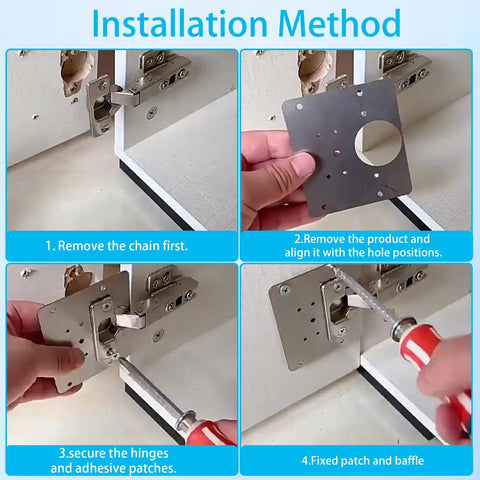 Installation steps for Sturdy Stainless Steel Cabinet Hinge Repair Plate Kit With 60 Screws And Driver on cupboard doors.