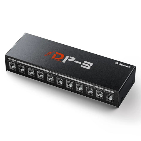 DP 3 Multi Output Guitar Pedal Power Supply with 10 Isolated DC Outputs for 9V 12V and 18V Effects Pedals on a white background.
