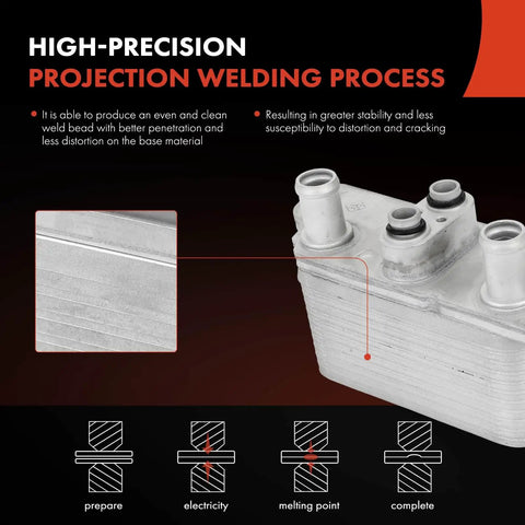 Projection welding process detail showing Premium Battery Cooler Heat Exchanger Chiller for Tesla Model X 2016 to 2020.