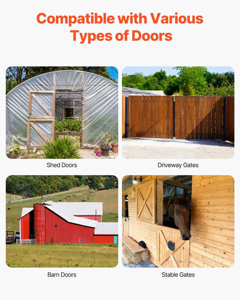 Various doors including shed, driveway, barn, and stable gates compatible with Anti Sag Gate Corner Brace Bracket Kit With Latch Lock.