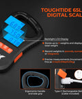 7 Piece Fishing Tool Kit with Rechargeable 65Lb Digital Fish Scale showing backlit LCD display, ergonomic handle, and USB-C port.