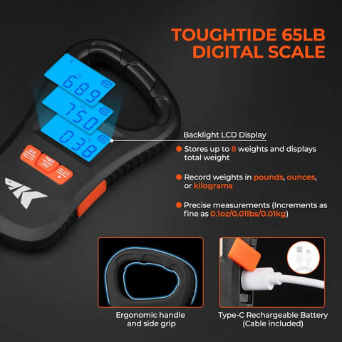 7 Piece Fishing Tool Kit with Rechargeable 65Lb Digital Fish Scale showing backlit LCD display, ergonomic handle, and USB-C port.