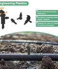 200 Pack Flag Dripper Emitters For Garden Irrigation in soil with connectors, durable plastic, easy install, shown with irrigation hose