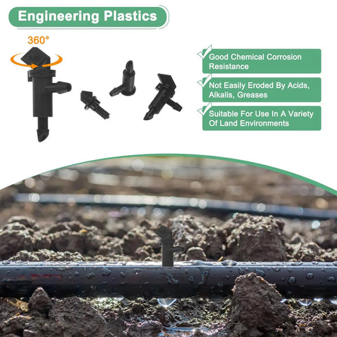 200 Pack Flag Dripper Emitters For Garden Irrigation in soil with connectors, durable plastic, easy install, shown with irrigation hose