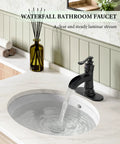 Bold Matte Black Waterfall Bathroom Faucet For Farmhouse Vanity With Single Hole Centerset One Handle Mixer Tap Pop Up Drain Overflow Antique Look Durable Metal Construction Easy Install