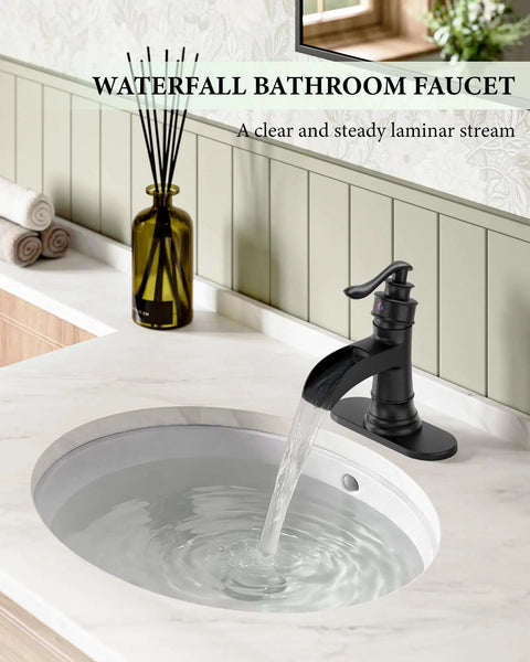 Bold Matte Black Waterfall Bathroom Faucet For Farmhouse Vanity With Single Hole Centerset One Handle Mixer Tap Pop Up Drain Overflow Antique Look Durable Metal Construction Easy Install