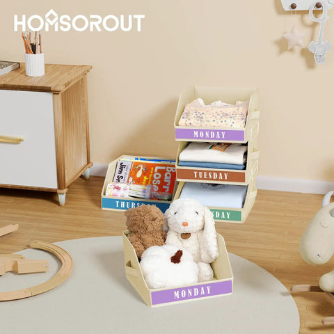5 Tier Closet Organizer With Weekly Labels And Stackable Bins Metal Frame Shelf Foldable Cube Bins Kid Friendly Home Storage Baskets For Kids And Adults Beige in playroom.