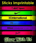 Imprintable glow sticks in various colors with logos, featuring BIC Sport, Nike, International, and more brands.