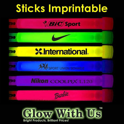 Imprintable glow sticks in various colors with logos, featuring BIC Sport, Nike, International, and more brands.