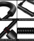 Forearm Strengthener with adjustable tension, showcasing soft foam, ergonomic handle, adjustable strap, reinforced spring.