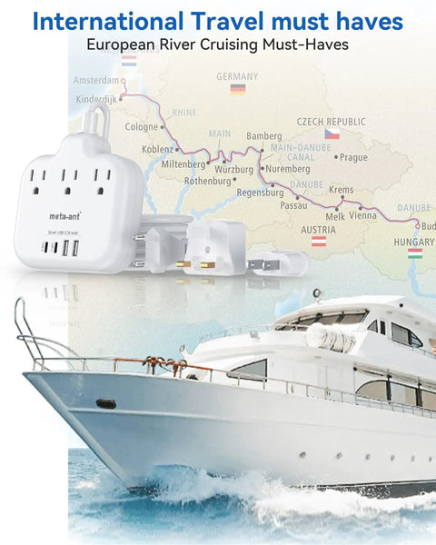 US To Europe Travel Plug Adapter With Three US Outlets And Four USB Ports shown with European map and cruise ship.