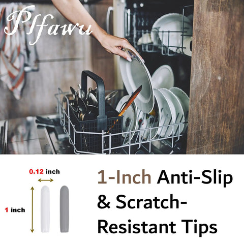 Universal Dishwasher Rack Tine End Cap Replacement 100 Pack Flexible Vinyl Extra Long One Inch Anti Slip Round Tips White Keeps Dishes From Sliding Prevents Scratches During 180F Cycles illustration with dimensions and open dishwasher.