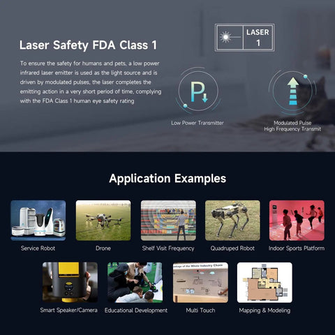 Laser safety diagram and application examples for D500 Outdoor Lidar Kit For SLAM Navigation DTOF Scanning Laser Radar Sensor