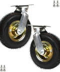 Heavy Duty Swivel Casters With Thick Rubber Wheels And Precision Ball Bearings Rock Solid Silent Glide Design showing two wheels with metal brackets.