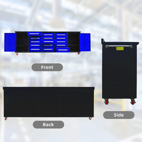 Heavy Duty Steel Storage Cabinet With Beefy Work Bench Featuring Fifteen Non Slip Drawers And Two Massive Doors, front, back, and side views.