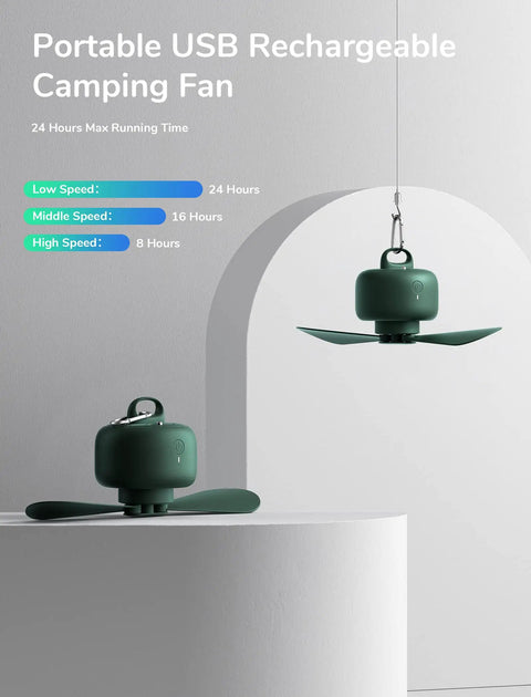 Portable Camping Fan With 8000mAh Battery And USB Rechargeable, Remote Control, Detachable Blades, Hanging Hook, Timer in green