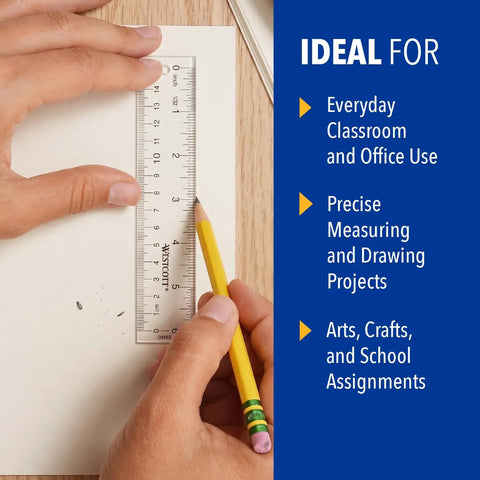 Hand holding Crystal Clear Acrylic Ruler 6 Inch Beveled Edge With Easy To Read Markings for measuring on paper next to usage tips