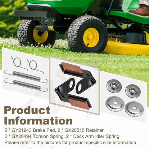 Two Set Heavy Duty Brake Pad Kit For 42 Inch Deck X Series Lawn Tractors Mowers showing components against a tractor background