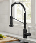 Bolden Commercial Style Two Function Pull Down Kitchen Faucet in Matte Black with open coil spout by window