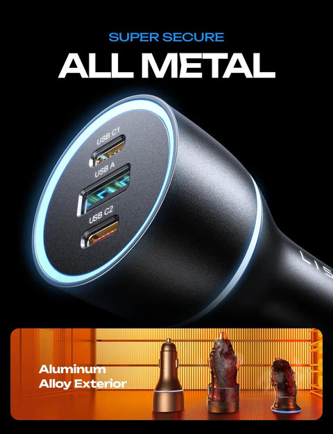 Close-up of 200W Triple Port USB C Car Charger With 140W PD Fast Charge, highlighting aluminum alloy exterior.