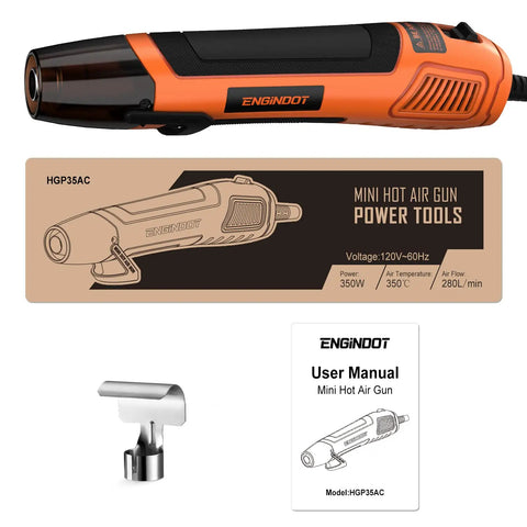 Orange and black mini heat gun for crafts and DIY projects, 350W hot air gun reaching 662 Fahrenheit with reflector nozzle.