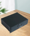 Tough As Nails Rack Mount Sliding Drawer For Server Cabinet Deep Storage Box with secure key lock on wooden table.