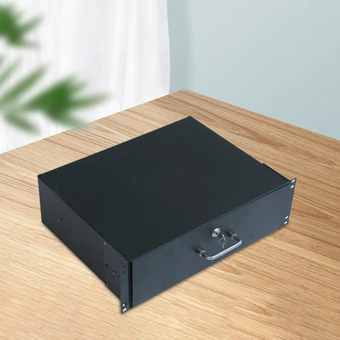 Tough As Nails Rack Mount Sliding Drawer For Server Cabinet Deep Storage Box with secure key lock on wooden table.