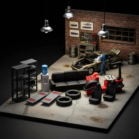 Top Shelf Miniature Vehicle Repair Shop Scene Featuring Resin Seats And Tire Balancing Machine For Collectible Scale Dioramas And Knockout Model Garage Displays with car, tools, and detailed setup.