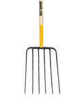 Six Tines Steel Manure Fork With Hardwood Handle 48 Inch Long Cushioned Grip for easy manure and mulch transfers shown upright.