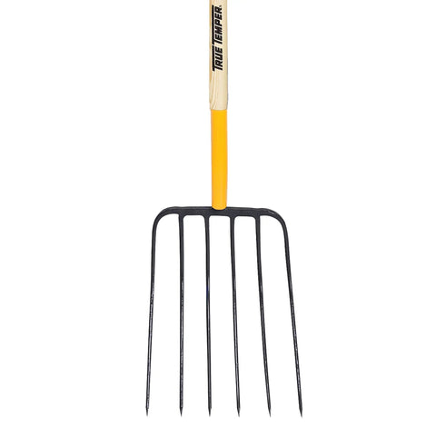 Six Tines Steel Manure Fork With Hardwood Handle 48 Inch Long Cushioned Grip for easy manure and mulch transfers shown upright.