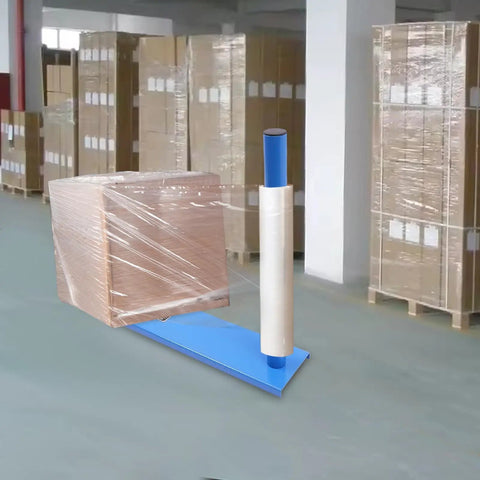 Handheld Manual Stretch Film Pallet Wrapping Dispenser Heavy Duty Packing Machine For Warehouse Logistics No Sweat Setup Handles Big Loads With Ease Supports 132 Lbs Ready To Roll in action wrapping a carton.
