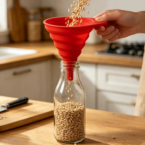 Four Pack Foldable Silicone Funnels Designed To Ditch The Drips And Streamline Liquid Transfers Between Kitchen Bottles Home Bars And Road Trip Gear For A Hassle Free Pour Every Single Time, red funnel pouring seeds into a glass bottle.
