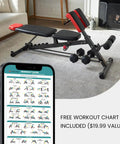 All-In-One Weight Bench For Full-Body Home Gym with hyper back extension, roman chair on carpet, includes workout guide on phone screen