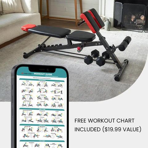 All-In-One Weight Bench For Full-Body Home Gym with hyper back extension, roman chair on carpet, includes workout guide on phone screen