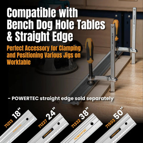 Quick Screw Down Clamps For Bow Xtender Fences And MFT Tables, used on bench dog hole table with straight edge system.
