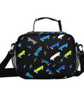 Insulated Lunch Box For Kids And Teens With Skateboard Dope Lightning Bolt Print, black with shoulder strap and mesh pockets