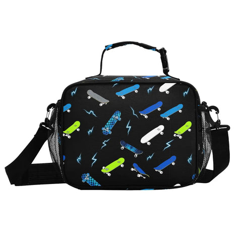 Insulated Lunch Box For Kids And Teens With Skateboard Dope Lightning Bolt Print, black with shoulder strap and mesh pockets