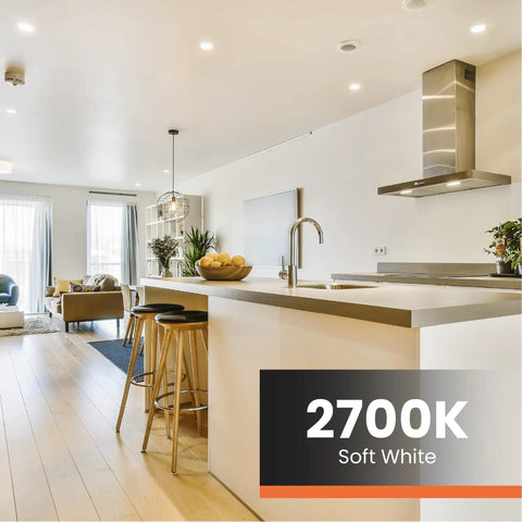 Modern kitchen illuminated with Soft White 2700K Dimmable LED BR40 Flood Bulbs 65W Equivalent 850 Lumens E26 Base Damp Rated