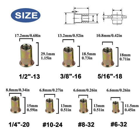 Diagram showing sizes of Pro Grade 860Pcs Rivet Nut Kit With SAE UNC Rivet Nuts Assortment including dimensions for each nut size.