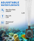 Submersible Water Pump 200GPH With Auto Shut Off And 5.2 Ft Lift For Fountains Hydroponics Ponds Aquariums And More Ultra Quiet Durable High Flow Great For Indoor Outdoor Setups And Quiet Operation displayed underwater with specs