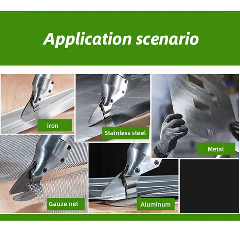 Portable Cordless Electric Shears for Metal Sheets cutting various materials like iron, stainless steel, metal, gauze net, and aluminum.